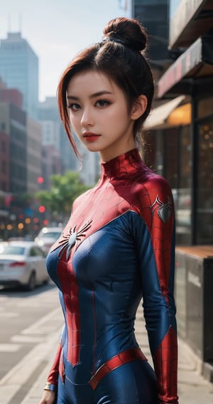 a beautiful girl dressed up as ironn spider man very fashion in posing,high bun hair, full amor, shoot spider silk, wings, fly over tall buildings in the city,  weapon, teachnich, in the style of cinematic sets, hd mod, light crimson and blue, rei kamoi, wetcore, , cypherpunk --ar 51:64, 32k uhd, white, pure color, body extensions, translucent color, womancore, colorful, fine lines, delicate curves, wetcore, full legs, full body, full hands, villagecore --ar 59:128, photoshoot, photography, (RAW photo, best quality), (realistic, photo-Realistic:1.3), best quality, masterpiece, beautiful and aesthetic, 16K, (HDR:1.4), high contrast, (vibrant color:1.4),  (muted colors, dim colors, soothing tones:0), cinematic lighting, ambient lighting, sidelighting, Exquisite details and textures, cinematic shot, Warm tone, (Bright and intense:1.2), wide shot, by xm887, ultra realistic