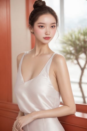 (ultra best quality, in 8K, masterpiece, delicate illustration), 1girl, perfect body,((reality skin)),(silk clothing),dynamic posture, high bun hair, beautiful face, perfect body, red lips, smile