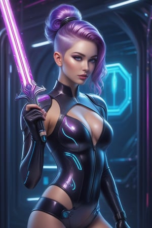 a woman in a wetsuit holding a neon sword, a beautiful cyborg pinup girl, a beautiful futuristic hairstyle, inspired by Ross Tran, cyber punk, a beautiful elf with violet skin, a crazy hacker, inspired by Michael Cheval, a magician black hair, a female cyborg in a data center, fish tail, beautiful female android