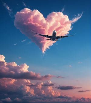 fantastic photograph, close up of a (realistic airplane flying) in of a precious heart shaped clouds, pink sky blue gradient, realistic sunset, heavenly majestic heart, ultra detailed textures sky , , (best quality), ultra high resolution, (ultra sharp), (valentine style), fantasy art,outline,cloud that looks like,more detail XL