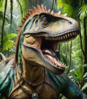 Photo in (dinamic close up) of a (majestic Tyrannosaurus rex) wearing a costume human , with a ((hyper detailed skin)), highly detailed, With a (necklace of fangs), (maximum realism), in a jungle, CGIsociety, Extremely Realistic,more detail XL