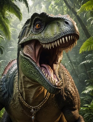 Photo in close up of a majestic Tyrannosaurus rex wearing a costume with a ((hyper detailed muscular human form)), highly detailed, With a (necklace of fangs), (maximum realism), in a jungle, (taking a selfie), looking at the camera, cgsociety, reimagined by industrial light and magic