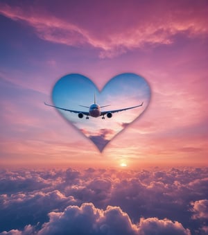 fantastic photograph, close up of a (airplane flying) in of a precious heart shaped clouds, pink sky blue gradient, realistic sunset, heavenly majestic heart, ultra detailed textures sky , , (best quality), ultra high resolution, (ultra sharp), (valentine style), fantasy art,outline,cloud that looks like,more detail XL