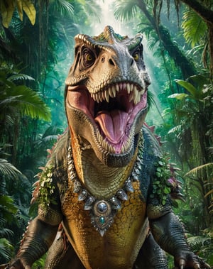 Photo in close up of a majestic Tyrannosaurus rex wearing a costume with a ((hyper detailed)), highly detailed, With a (necklace of fangs), (maximum realism), in a jungle, (taking a selfie), ((looking of front at the camera)), cgsociety, reimagined by industrial light and magic