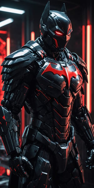 Angry batman mecha robo soldier character, anthropomorphic figure, wearing futuristic black soldier armor and weapons, reflection mapping, realistic figure, hyperdetailed, cinematic lighting photography, red lighting on suit, By: panchovilla, mecha, cyborg style,Movie Still