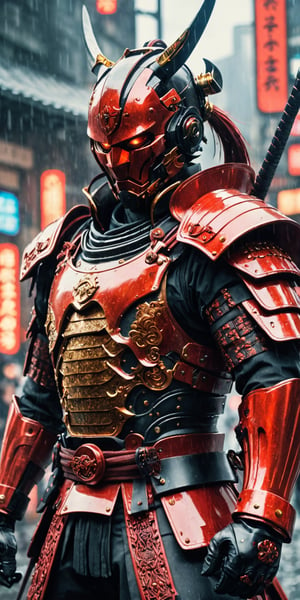 Create a man in futuristix samurai armor, blood red colour, full nano suit , holding plasma katana, background of old tokyo, dark rainy day, highly detailed.,Movie Still,oni style,DonMPl4sm4T3chXL ,DonMCyb3rN3cr0XL 