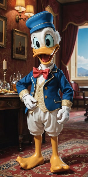 Generate a photorealistic full body portrait of Donald Duck in his classic clothes but as if he was real, duck feet, looking at the viewer, extreme realism, award-winning photo, sharp focus, detailed, intricate, art_booster,moonster