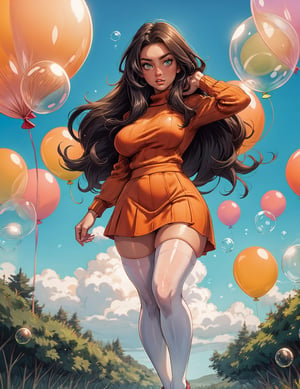 masterpiece, best quality, highly detailed, colorful, top, solo, realistic, 20yo girl raw full body shot of an attractive woman on top of a hill in cropped sweater, shoes posing candidly in an open field), (long hair, dark hair), slender, (surprised:1.8), wind:1.4, (ultra realistic), detailed face, detailed body, red-orange sky, clouds, greenery, green plains, ((balloons in the background)), ((bubbles)), (cinematic, colorful)), huge field, (extremely detailed), Studio Ghibli inspired,EpicSky,clouds,hourglass body shape,sky,detailed skin texture and pores,film grain,real lighting,grainy,Instagram LUT,forest eyes,fish-eye lens,extremely detailed eyes,micro skirt,naked_thighhighs,High detailed ,3DMM, big_thighs , thicc, naked_shirt, big ass