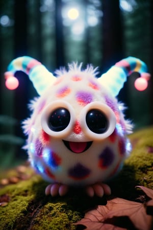 Light Cheery Atmosphere, photograph cinematic still robust bioluminescent vivid adorable cute smiling pink and purple polka-dotted furry egg-shaped mini-monster with furry hands and feet, glowing red eyes, horns, cute long fangs, rainbow wings, in the fabulous night forest, magical radiance, depth of field, realistic, cinematic lighting, soft shadows, asymmetrical fractal, colorful, volumetric lighting, wind, petals falling, moonlight, forest in background . emotional, harmonious, vignette, highly detailed, high budget, bokeh, cinemascope, moody, epic, gorgeous, film grain, grainy, 50mm , cinematic 4k epic detailed 4k epic detailed photograph shot on kodak detailed cinematic hbo dark moody, 35mm photo, grainy, vignette, vintage, Kodachrome, Lomography, stained, highly detailed, found footage, happy, joyful, cheerful, carefree, gleeful, lighthearted, pleasant atmosphere