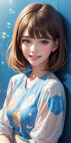 a flat illustration,super detailed,Super realistic,Portrait, a young beautiful woman leaning against colorful wall printed soap bubbles patterns at pop-style Private Rooms,kind smile,bangs,messy short-bob,detailed realistic clothes,only in four colors,a ncg,