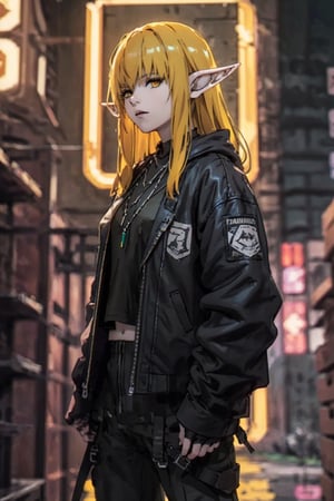 1girl, solo, elf, blonde, necklace, yellow eyes,
3d rendering gaming character, dark leather jacket, short pant, neonpunk grunge city night background, depth of field, closed mouth,  reflection, looking at viewer,  long hair, cowboy_shot, neon signs, looking_at_viewer, red light over body, arms_above_head