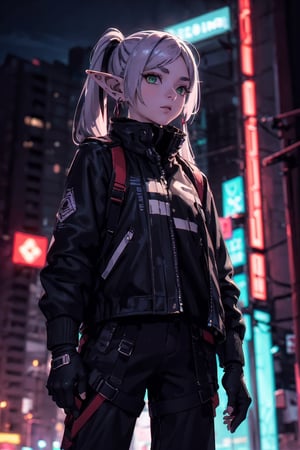 1girl, solo, elf, white hair,  earrings, pointy ears, long hair, ponytail, green eyes, twintails, parted bangs, thick eyebrows,
3d rendering gaming character, dark leather jacket, short pant, earrings, neonpunk grunge city night background, depth of field, closed mouth,  reflection, looking at viewer, fingerless gloves, long hair, gloves, bangs,  cowboy_shot, neon signs, looking_at_viewer, red light over body,