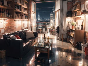 (Masterpiece), (High quality, top quality: 1.5), (No one), (No one, 0 people), home scene, fabric sofa, high-end wooden table, wine bottles on the table, wooden bookcase, scattered Item red high heels, beautiful black plush carpet, white marble floor tiles, yuppie red brick wall, fashion, ((late night, night)), (located in a high-rise building), urban feel, no light, no lights, beautiful floor-to-ceiling glass windows, Full glass, excellent composition, cinematic scene, romantic atmosphere, perfect