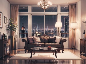 (Masterpiece), (High Quality, Top Quality: 1.5), (No People), Home Scene, Fabric Sofa, Wine Bottles, Casual, Scattered, ((Late Night, Night)), Located in a High-rise Building, Floor-to-ceiling Glass Windows, Excellent Composition, movie scene, romantic atmosphere, perfect