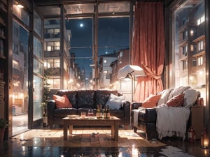 (Masterpiece), (High Quality, Top Quality: 1.5), (No People), Home Scene, Fabric Sofa, Wine Bottles, Casual, Scattered, ((Late Night, Night)), Located in a High-rise Building, Floor-to-ceiling Glass Windows, Excellent Composition, movie scene, romantic atmosphere, perfect,EpicMeo,breakdomain