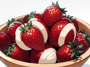 Creative details are a must. Exudes the desired aesthetic, (bowl of strawberries), delicious, fresh, bright, white background, special perspective