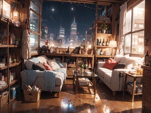 (Masterpiece), (High quality, top quality: 1.5), (No one), (No one, 0 people), home scene, fabric sofa, a wooden table, wine bottles on the table, wooden bookcase, scattered Items red high heels, ((late night, night)), (located in a high-rise building), urban feel, no light, no lights on, beautiful floor-to-ceiling glass windows, complete glass, excellent composition, movie set, romantic atmosphere, perfect
