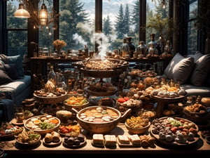 Super meticulous, must be creative details. Exudes the desired aesthetic, delicious hot pot, elegant wooden table, food porn, beautiful, rich, steaming hot, cozy living room, cinematic composition, perfect light, special perspective