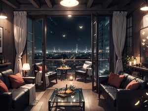 (masterpiece, sharp), (high quality, top quality: 1.5), (no one), (no one, 0 people), ((late night)), ((night)), (((night outside the window))), Dark, home scene, fabric sofa, high-end wooden table, wine bottles on the table, wooden bookcase, scattered items red high heels, complete black plush carpet, yuppie red brick wall, yuppie fashion, industrial style roof, elegant taste , (located in a high-rise building), urban feel, no light, no lights on, beautiful green wooden frame floor-to-ceiling glass windows, wooden floor, complete glass, excellent composition, movie scene, romantic atmosphere, perfect perspective,nj5furry,firefliesfireflies,night sky