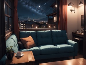 (masterpiece, sharp), (high quality, top quality: 1.5), (no one), (no one, 0 people), (late night)), (night)), ((night outside the window) )) , dark color, home scene, cloth sofa covered with suit jacket, randomly placed, black suit, green cloth sofa, pillows placed randomly, excellent composition, movie scene, romantic atmosphere, perfect perspective, night sky, close-up, background Vague