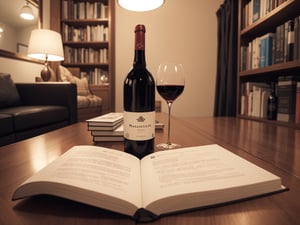 (masterpiece, sharp), (high quality, top quality: 1.5), ((no one)), ((no one, 0 people)), ((late night)), ((night)), (dark), table Wine bottles on the table, living room table, books, documents, (beautiful wine glasses), various types of wine, bookcases in the background, perfect floor-to-ceiling glass windows, excellent composition, movie scene, perfect light, blurred background, (extreme close-up book)