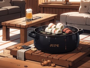 Creative details are a must. Exudes the desired aesthetic, juice, beer, (hot pot), elegant wooden table, beautiful, simple and warm, cozy living room, cinematic composition, perfect light, special perspective