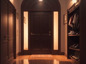 (masterpiece, sharp), (high quality, top quality: 1.5), ((no one)), ((no one, 0 people)), ((late night)), ((night)), (dark), beautiful Entrance, shoe cabinet, home door, shoes taken off, excellent composition, movie scene, perfect light, blurred background, Medium Shot