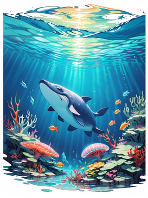 Painting of whale swimming in colorful ocean, looking up composition, jellyfish and whale, whale, high detail watercolor 8K, high detail watercolor 8K, realistic, 8K, (well designed, clear lines, high definition, best quality, Very detailed, master work, cinematic lighting effects, 4K), dream, cute, underwater world
