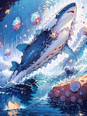 Painting of whales swimming in colorful ocean, Look up at the composition, Jellyfish and whales, Inspired by Cyril Rolando, A beautiful artwork illustration, author：Shitao, colorful concept art, Makoto Shinkai Cyrillo Rolando, In the style of Cyril Rolando, whale, Highly detailed watercolor 8K, highly detailed water colour 8 k,octane,the end,Realistic,8K,Estilo de Makoto Shinkai( reasonable design, clear lines, High- sharpness,Best quality, Very detailed, Master parts, movie light effect, 4K ),A boy and a girl swim at the bottom of the sea,dream magical,The fish,