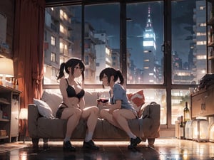 (Masterpiece), (High Quality, Top Quality: 1.5), (No People), Home Scene, Fabric Sofa, Wine Bottle, Casual, Loose Bra, Loose Women's Panties, ((Late Night, Night)), (Located in a High-rise) , urban feel, no lights on, low light, beautiful floor-to-ceiling glass windows, excellent composition, movie scene, romantic atmosphere, perfect