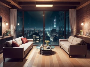 (Masterpiece), (High Quality, Top Quality: 1.5), (No One), (No One, 0 People), ((Late Night)), ((Night)), Home Scene, Fabric Sofa, High-end Wooden Table , wine bottles on the table, wooden bookcases, scattered items red high heels, complete black plush carpet, white marble floor tiles, yuppie red brick walls, yuppie fashion, elegant taste, (located in a high-rise building), urban feel, no light, no Turn on the lights, beautiful green wooden framed floor-to-ceiling glass windows, reflective flooring, full glass, excellent composition, movie set, romantic atmosphere, perfect,ninjascroll,yofukashi background,room2,firefliesfireflies