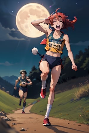 
Generate an image in a Japanese anime style featuring two Lycans with joyful smiles, participating in an athletics competition under the moonlit night sky with a full moon. Convey the expressive and lively atmosphere of their happiness as they sprint through the moonlit landscape.landscape.,photorealistic,Rayearth,k4k3k