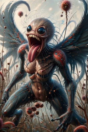 An extreme macroscopic close up of a spiders   mouth, face and body and wings, sporadic hairs, Bitey, stinging pointing things, sucking probes, digital artwork by Beksinski,potma style,action shot, in the style of esao andrews,stworki