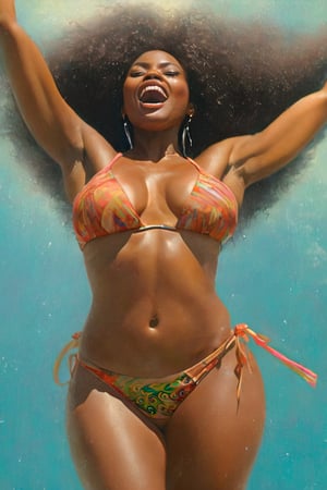 a mid section body shot photograph of a happy African American woman, wearing a thong bikini, her back and bottom are facing the viewer, very large hillsea Real Estate sign in the background, fluid motion, dynamic movement, cinematic lighting, palette knife, digital artwork by Beksinski,action shot,sweetscape, art by Klimt, airbrush art, ,photo r3al,ice and water,close up,Movie Poster