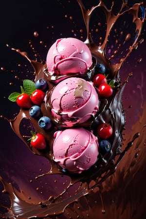 a macroscopic photograph of strawberry ice cream with cherry cream, ice cubes, maraschino cherries, blueberries, lychees , hundreds and thousands, dark chocolate sauce, nuts, mint leaves, splashing dark chocolate sauce, in a gradient Cherry  coloured background, fluid motion, dynamic movement, cinematic lighting, palette knife, digital artwork by Beksinski,action shot,sweetscape, 3D, oversized fruit, caramel theme, art by Klimt, airbrush art, food photography, food explosion, 