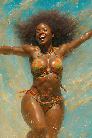 a mid section body shot photograph of a happy African American woman, wearing a thong bikini, fluid motion, dynamic movement, cinematic lighting, palette knife, digital artwork by Beksinski,action shot,sweetscape, art by Klimt, airbrush art, ,photo r3al,ice and water,close up,Movie Poster