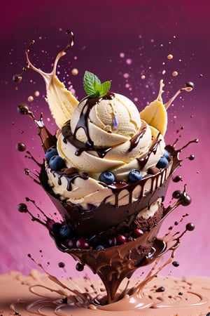 a macroscopic photograph of banana ice cream with mint cream, ice cubes, maraschino cherries, blueberries, lychees , hundreds and thousands, dark chocolate sauce, nuts, mint leaves, splashing dark chocolate sauce, in a gradient pink coloured background, fluid motion, dynamic movement, cinematic lighting, palette knife, digital artwork by Beksinski,action shot,sweetscape, 3D, oversized fruit, caramel theme, art by Klimt, airbrush art, food photography, food tornado, 