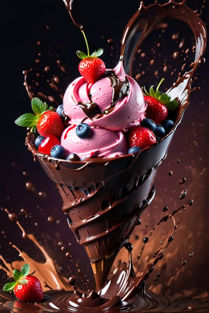 a macroscopic photograph of strawberry ice cream with cherry cream, ice cubes, maraschino cherries, blueberries, lychees , hundreds and thousands, dark chocolate sauce, nuts, mint leaves, splashing dark chocolate sauce, in a gradient Cherry  coloured background, fluid motion, dynamic movement, cinematic lighting, palette knife, digital artwork by Beksinski,action shot,sweetscape, 3D, oversized fruit, caramel theme, art by Klimt, airbrush art, food photography, food explosion, 