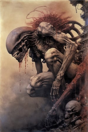 art by Masamune Shirow, art by J.C. Leyendecker, a masterpiece, stunning beauty, hyper-realistic oil painting, vibrant colors, a xenomorph, dark chiarascuro lighting, dripping blood and sweat, messed up, battling human troopers, a telephoto shot, 1000mm lens, f2,8, ,digital artwork by Beksinski