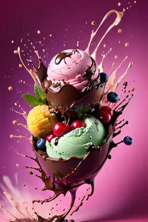 a macroscopic photograph of chocobanana ice cream with mint cream, ice cubes, maraschino cherries, blueberries, lychees , hundreds and thousands, dark chocolate sauce, nuts, coconuts, pineapple, mint leaves, splashing dark chocolate sauce, in a gradient pink coloured background, exploding fluid motion, dynamic movement, cinematic lighting, palette knife, digital artwork by Beksinski,action shot,sweetscape, 3D, oversized fruit, caramel theme, art by Klimt, airbrush art, food photography, food tornado, 