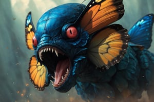 An extreme macroscopic close up of a butterfly's mouth, face and body and wings, digital artwork by Beksinski,potma style,action shot, stworki,Movie Poster