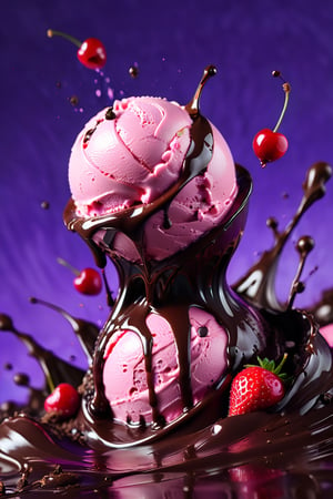 an extreme close up macroscopic photograph of strawberry ice cream with cherry cream, ice cubes, maraschino cherries, blueberries, dark chocolate sauce, nuts, mint leaves, splashing dark chocolate sauce, in a gradient purple background, fluid motion, dynamic movement, cinematic lighting, palette knife, digital artwork by Beksinski,action shot,sweetscape, 3D, oversized fruit, caramel theme, art by Klimt, airbrush art, 