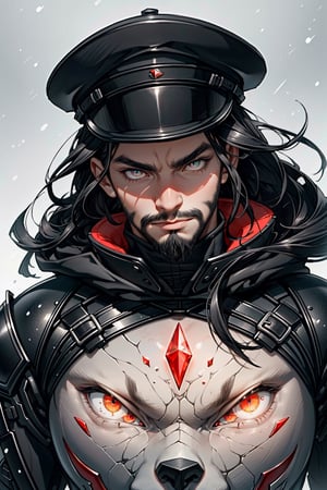 (anime style) , glowing red eyes, {{{facial hair, beard, black haired}}}, thick eyebrows , fit body, 25 years old, mature, charming, alluring, dejected, calm eyes, (standing), (upper body in frame), winter scenery, snow on plains, grey blue cloudy sky, dawn, only1 image, perfect anatomy, perfect proportions, perfect perspective, 8k, HQ, (best quality:1.5, hyperrealistic:1.5, photorealistic:1.4, madly detailed CG unity 8k wallpaper:1.5, masterpiece:1.3, madly detailed photo:1.2), (hyper-realistic lifelike texture:1.4, realistic eyes:1.2), picture-perfect face, perfect eye pupil, detailed eyes, realistic, HD, UHD, (front view, symmetrical picture, vertical symmetry:1.2) ,weapon , A portrait of a handsome man in slick collared red armored trenchcoat , wearing a red fedora, neck-length wavy hair , full beard , white background, serious face expression, red eyes , wearing a thin black turtleneck , reddish hair,The Dark Huntsman ,black steel cane ,sword on the back , blend, bright eyes , green flames , black boots , black gloves , hand in the pocket , torso shot ,weapon , reddish hairshade , 