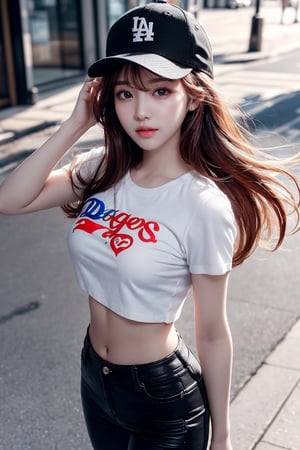 1 girl, very bright backlighting, solo, {beautiful and detailed eyes},large breasts, calm expression, natural and soft light,delicate facial features, Blunt bangs, beautiful Korean girl, eye smile,22yo, ((model pose)), Glamor body type,(half red and hair:1.4), flim grain, realhands, masterpiece, Best Quality, photorealistic, ultra-detailed, finely detailed, high resolution,brown messy hair, perfect dynamic composition, beautiful detailed eyes,(Korean girl:1.4),((nervous and embarrassed)),sharp-focus, beautymix, FilmGirl,(wearing a cropped mini T-shirt with a midriff-baring cut paired with black pants look,a Dodgers cap:1.4),facing reality,shy smile,(The girl must be walking in the street in a sexy pose:1.4),(The wind blows her hair:1.4)(revealing a glimpse of cleavage:1.1),(fullbody shot:1.3),(overhead shot:1.5)