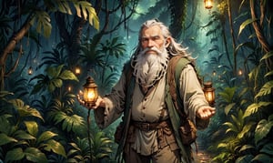 An aged, animated man with a long white beard, wearing tattered clothes, navigating through a dense jungle at night, his lantern casting an enchanting glow on the magical plants surrounding him.