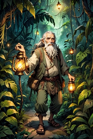 An aged, animated man with a long white beard, wearing tattered clothes, navigating through a dense jungle at night, his lantern casting an enchanting glow on the magical plants surrounding him.