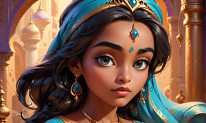 Princess Jasmine from the movie Aladdin and the magic lamp, volumetric cartoon oil paint, 2D book illustration style, sharp focus, bright color, digital paint character design, trending on artstation, high details, simple lines, art by Viktoria Gavrilenko and Paolo Ro
