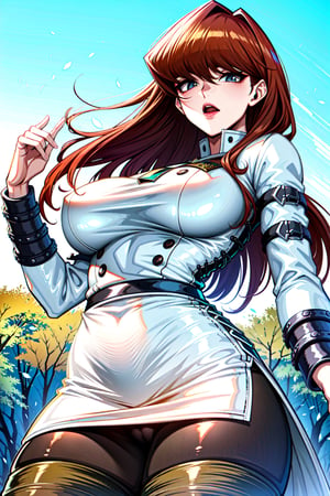 (masterpiece, top quality, best quality, official art, beautiful and aesthetic:1.2), hdr, high contrast, wideshot, 1girl, longhair, brown hair, blue eyes, multicolored eyes, gradient eyes, cheering to viewer, soft make up, ombre lips, hourglass body, large breast, thick thighs, big ass, female face, setokaibag, high collar, arm belt, belt, belt buckle, black dress, black legwear, buckle, cowboy shot, white coat, long sleeves, pantyhose, vambraces, miniskirt,  (spring theme:1.5), finger detailed, background detailed, ambient lighting, extreme detailed, cinematic shot, realistic ilustration, (soothing tones:1.3), (hyperdetailed:1.2) 
