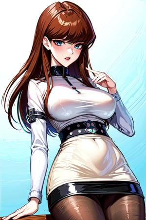 (masterpiece, top quality, best quality, official art, beautiful and aesthetic:1.2), hdr, high contrast, wideshot, 1girl, longhair, brown hair, blue eyes, multicolored eyes, gradient eyes, cheering to viewer, soft make up, ombre lips, hourglass body, large breast, thick thighs, big ass, female face, setokaibag, high collar, arm belt, belt, belt buckle, black dress, black legwear, buckle, cowboy shot, white coat, long sleeves, pantyhose, vambraces, miniskirt,  (spring theme:1.5), finger detailed, background detailed, ambient lighting, extreme detailed, cinematic shot, realistic ilustration, (soothing tones:1.3), (hyperdetailed:1.2) 
