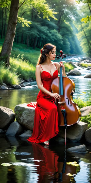 best quality,outdoor,lush greenery,musical performance,musical instrument,cello player,peaceful atmosphere,classical music,river stream,serene,tranquil,wooded area,tuxedo,women,red dress,observing,beautiful surroundings,harmony,riverbank,gentle breeze,elegant,detailed facial expression,calm environment,symphonic melodies,musical talent,pianissimo,vivid colors,dappled sunlight,ethereal,melodic composition,emotional connection,aesthetic,sublime,fine art,life-like depiction